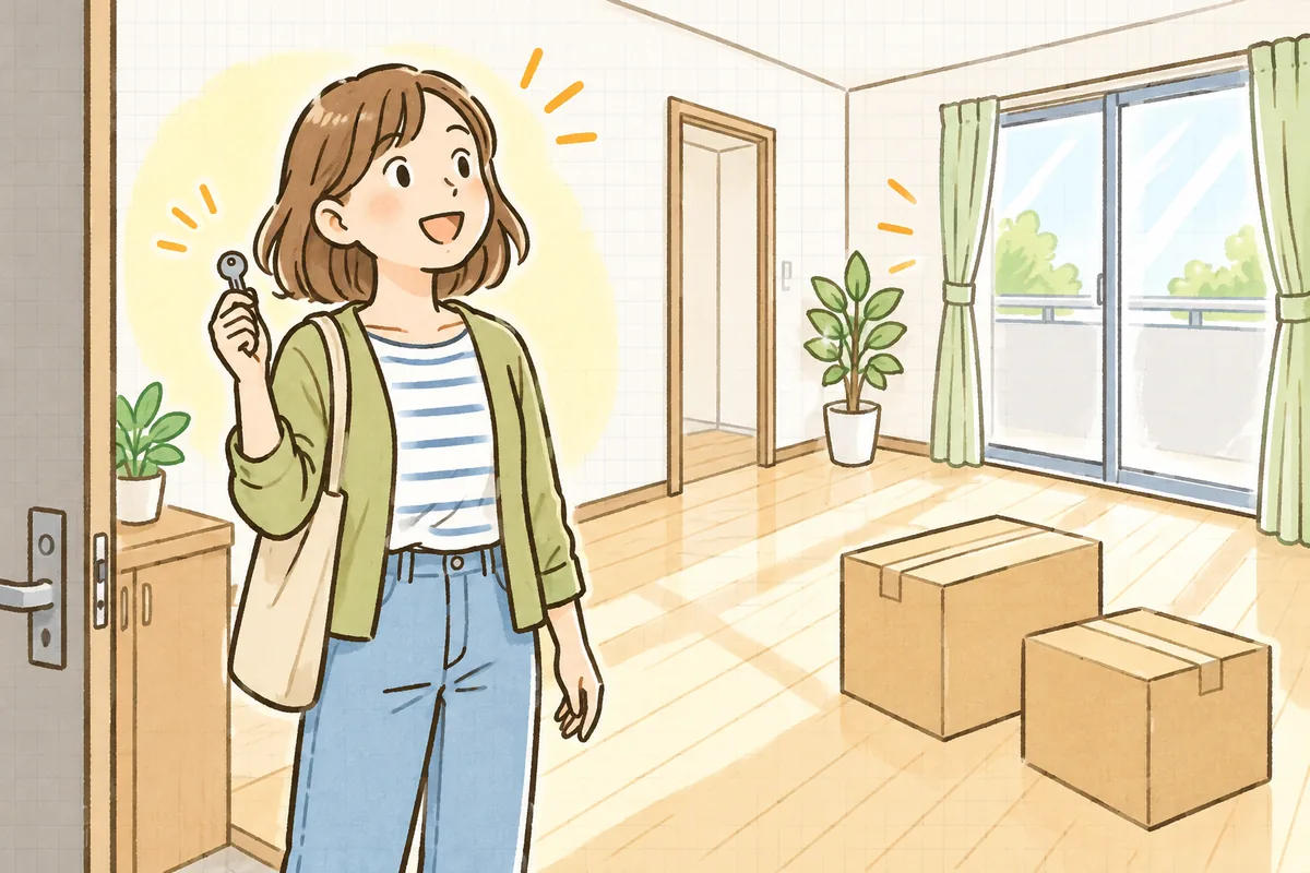 新しい部屋の玄関で、入居者が鍵を手にうれしそうに部屋を見渡している情景