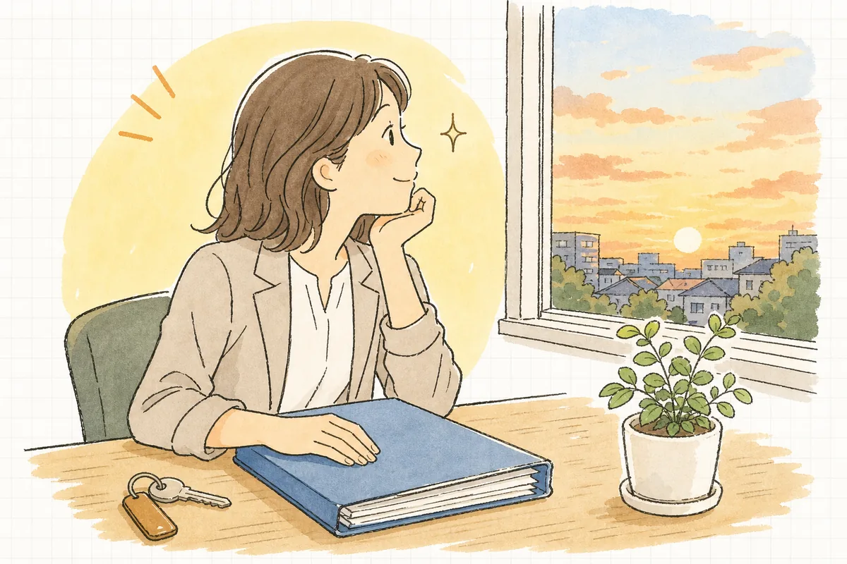 鍵交換費用の整理を終えて窓辺で一息つく賃貸管理担当者