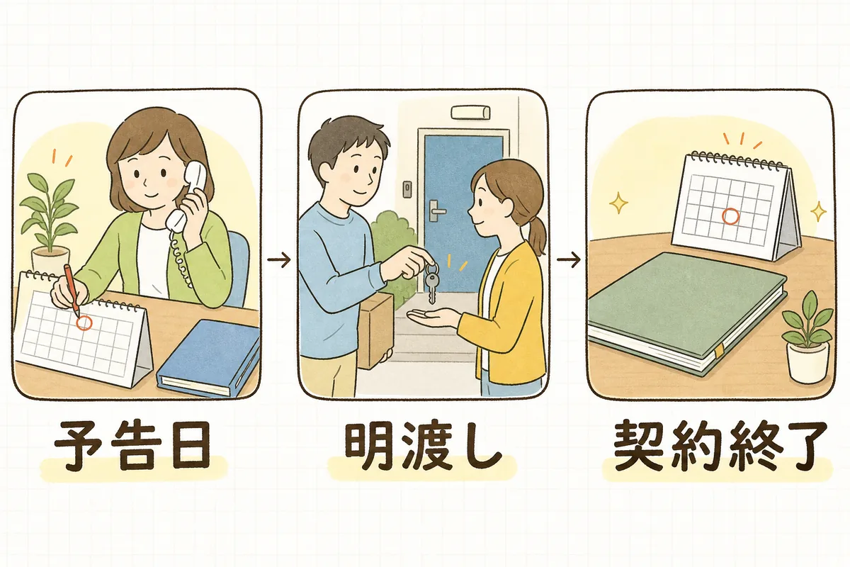予告日・明渡し・契約終了の3つの日を分けて時系列に並べた図