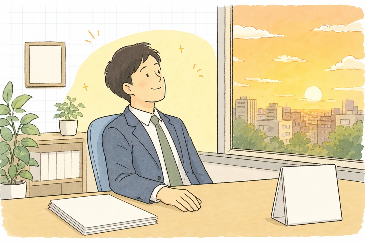 精算書を作り終え、窓の外の夕暮れを眺めて穏やかに息をつく賃貸管理担当者