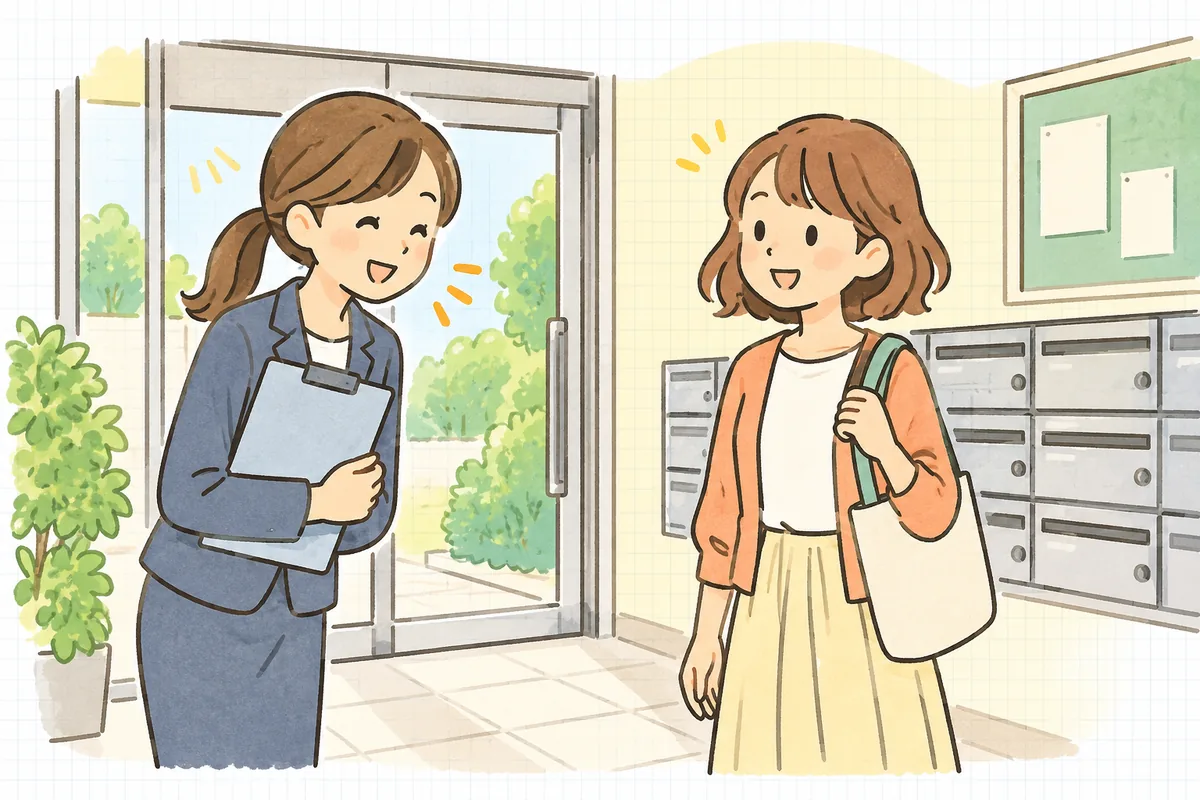 晴れた朝のアパートの共用玄関で、新しい管理担当者が入居者の女性とあいさつを交わし、入居者が安心したように微笑んでいる様子