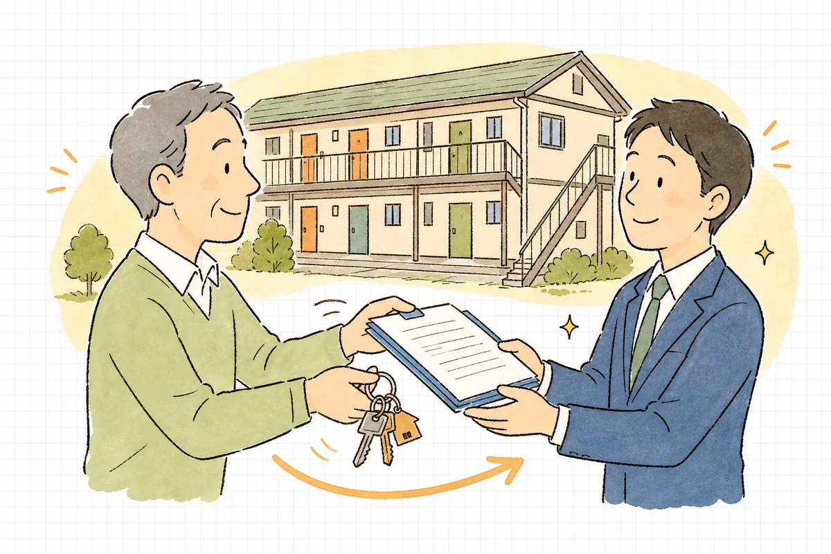 物件のオーナーが、建物の世話の役目を表す鍵束と書類を管理会社の担当者に手渡して任せる管理委託のイラスト