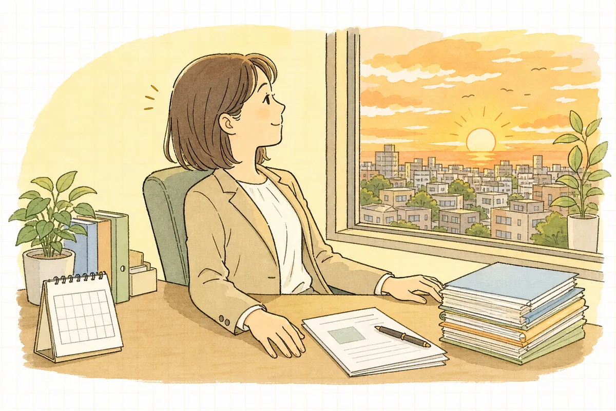 更新の段取りを組み終え、穏やかな表情で窓の外を眺める賃貸管理担当者
