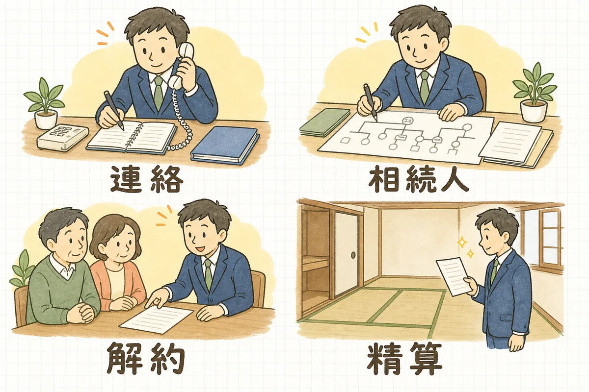 入居者逝去の連絡から精算までの、連絡・相続人・解約・精算の四つの段階