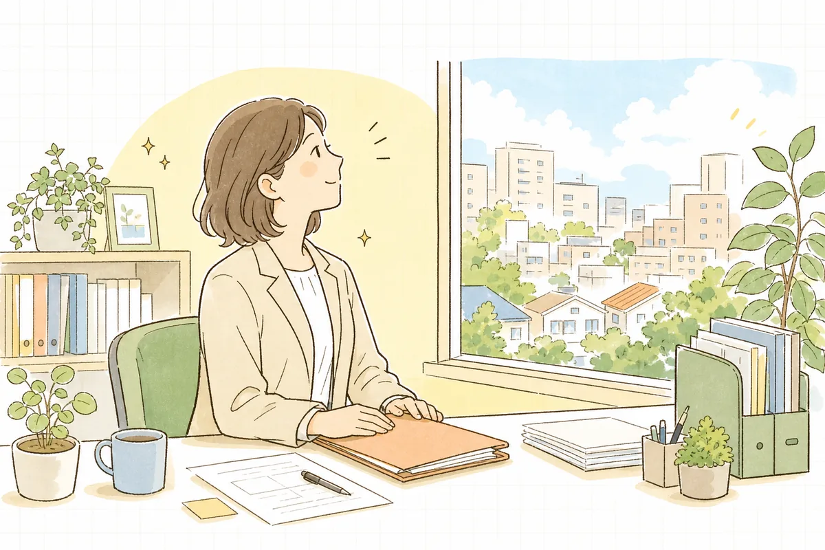 保証の切り替えを相談し終えて穏やかな表情で顔を上げる賃貸管理担当者