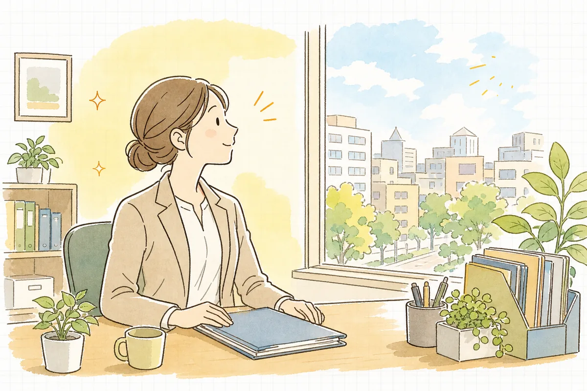 更新の判断を整理し終えて穏やかな表情で顔を上げる賃貸管理担当者