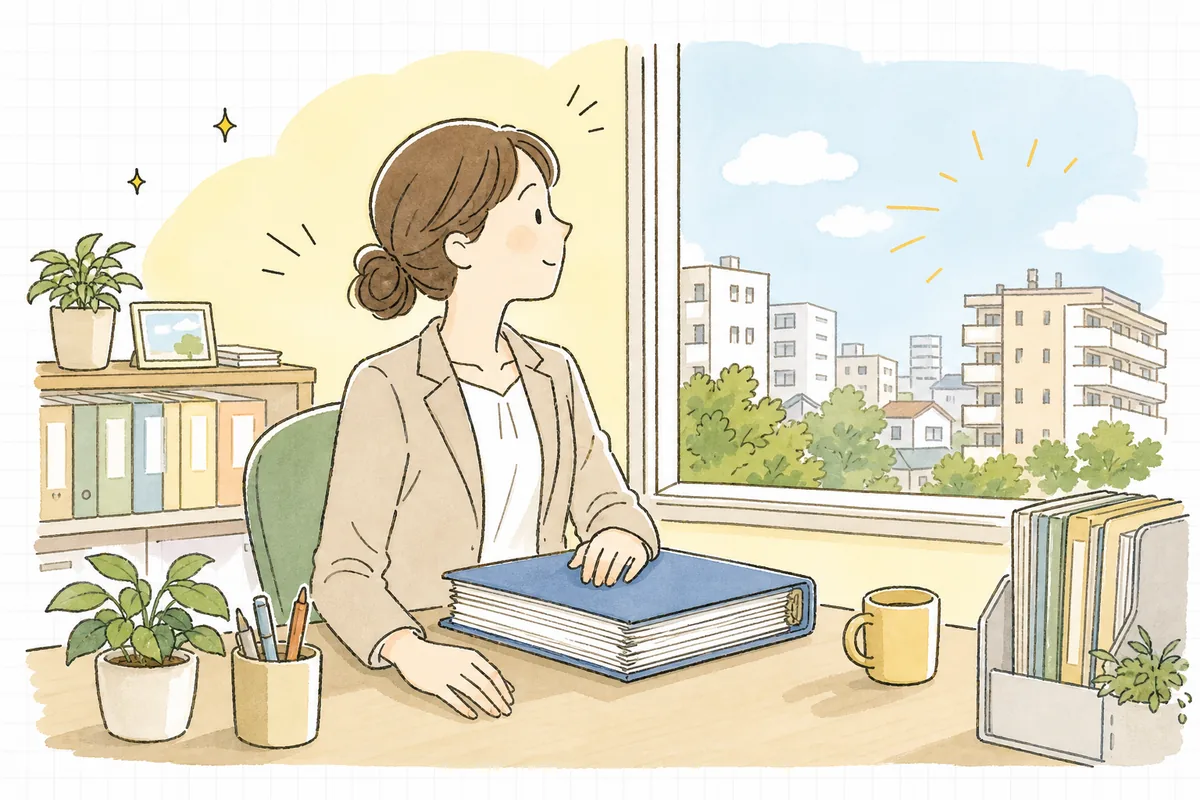 更新書類をファイルに綴じ終えて、ほっとした表情で窓の外の明るい街並みを眺める賃貸管理担当者