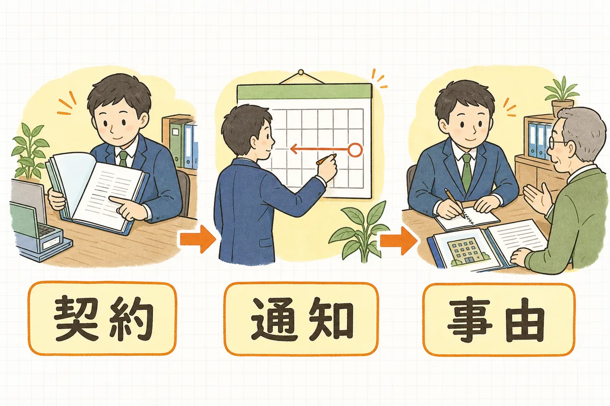 契約種別の確認、通知時期の確認、正当事由の検討という三段階で貸主都合の更新拒絶を進める流れ図
