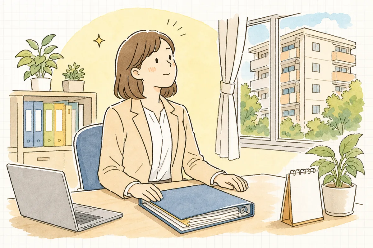 資料を整理し終え、専門家への相談の準備が整って落ち着いた表情の賃貸管理担当者