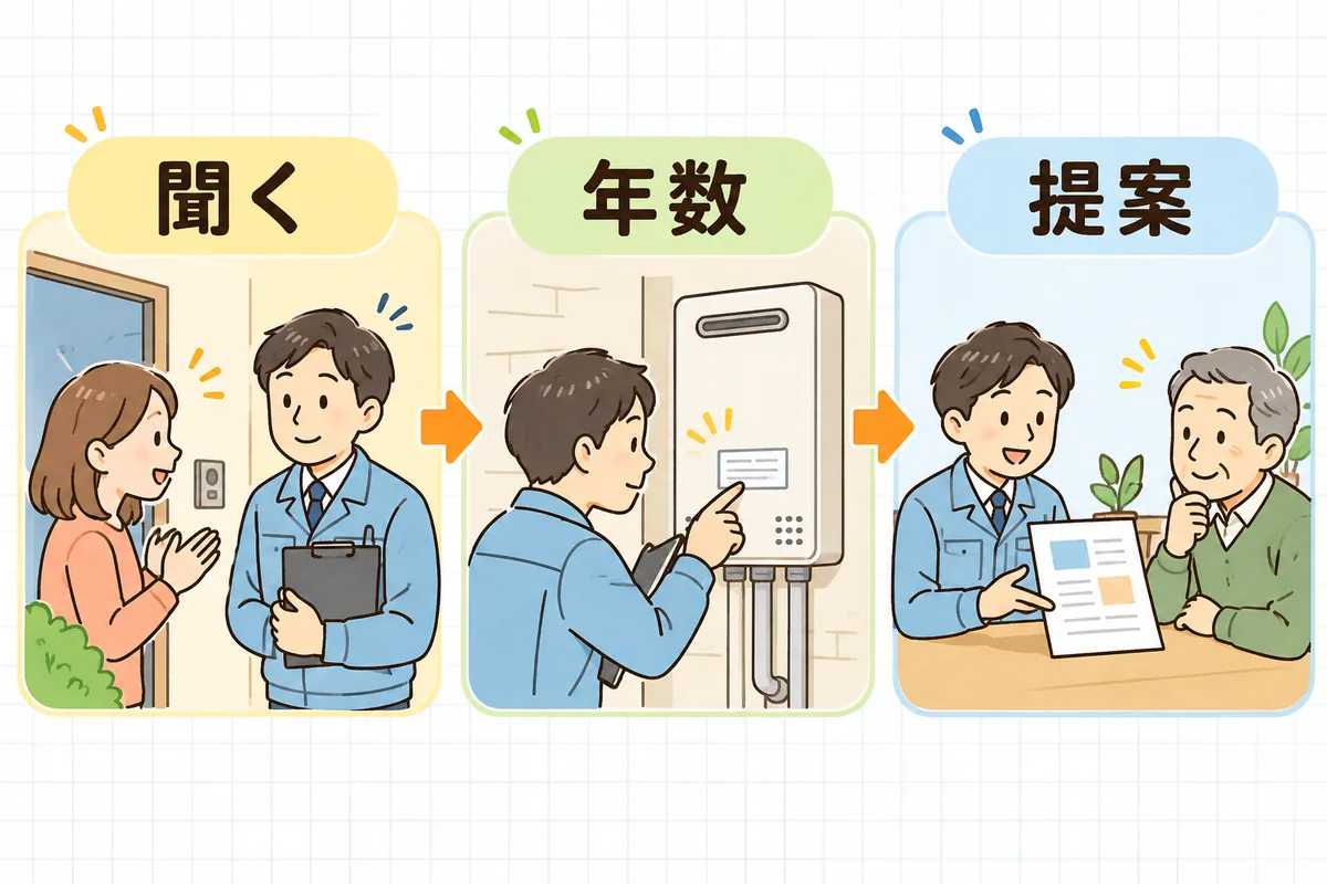 更新時の設備提案を「聞く」「年数」「提案」の3段階で進める流れを示した図