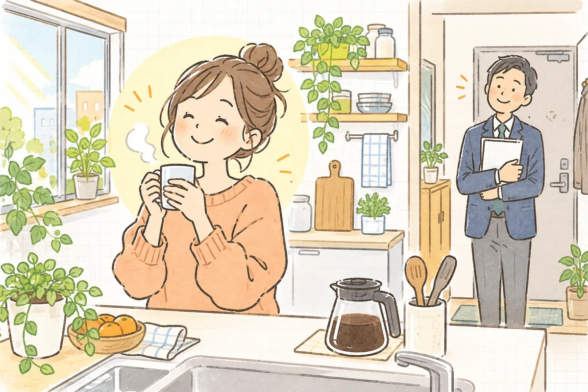明るいキッチンで温かい飲み物を手に笑顔を見せる入居者と、玄関近くでそれを見てほっとする賃貸管理担当者