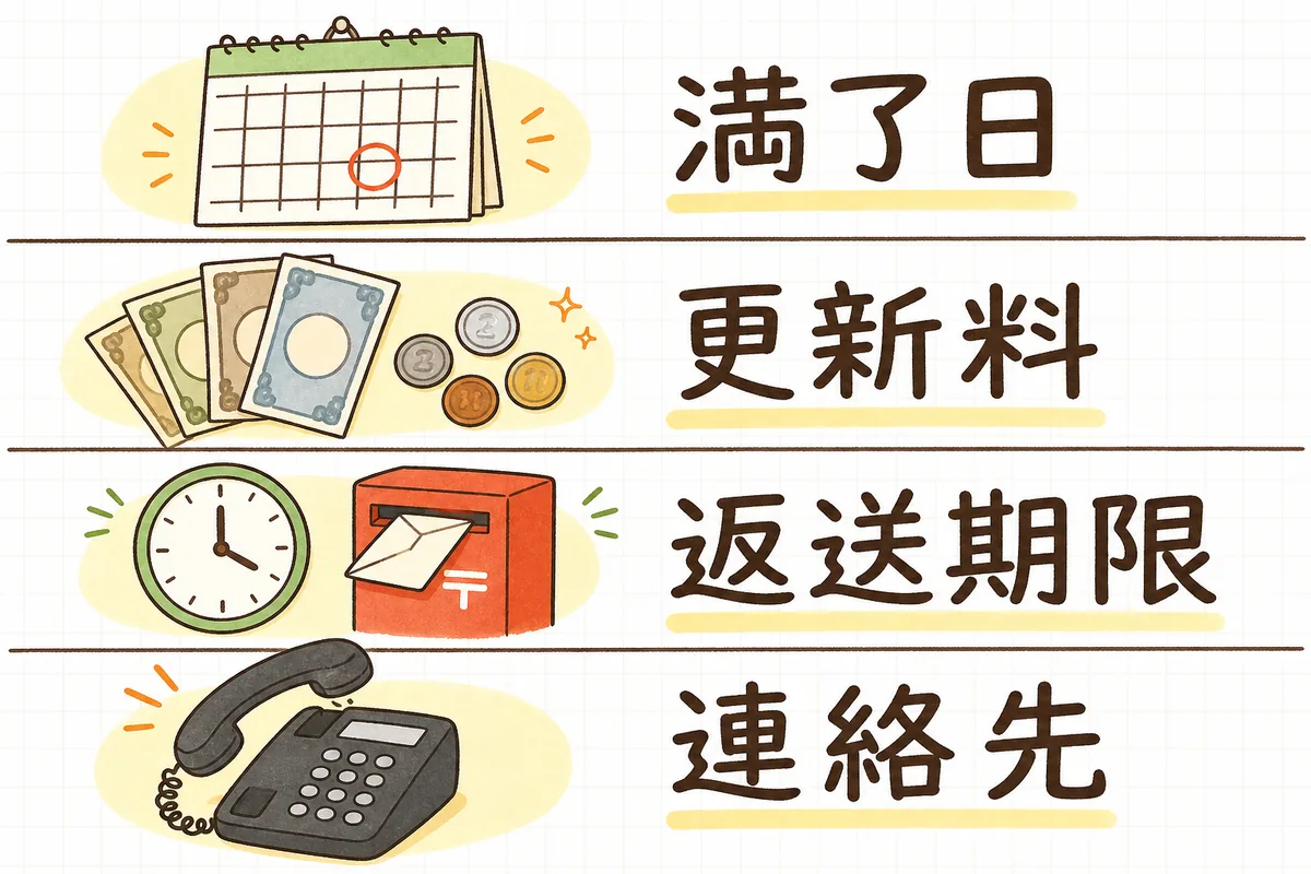 更新のご案内に必ず入れる4つの要素を、上から順に絵とラベルで並べた図