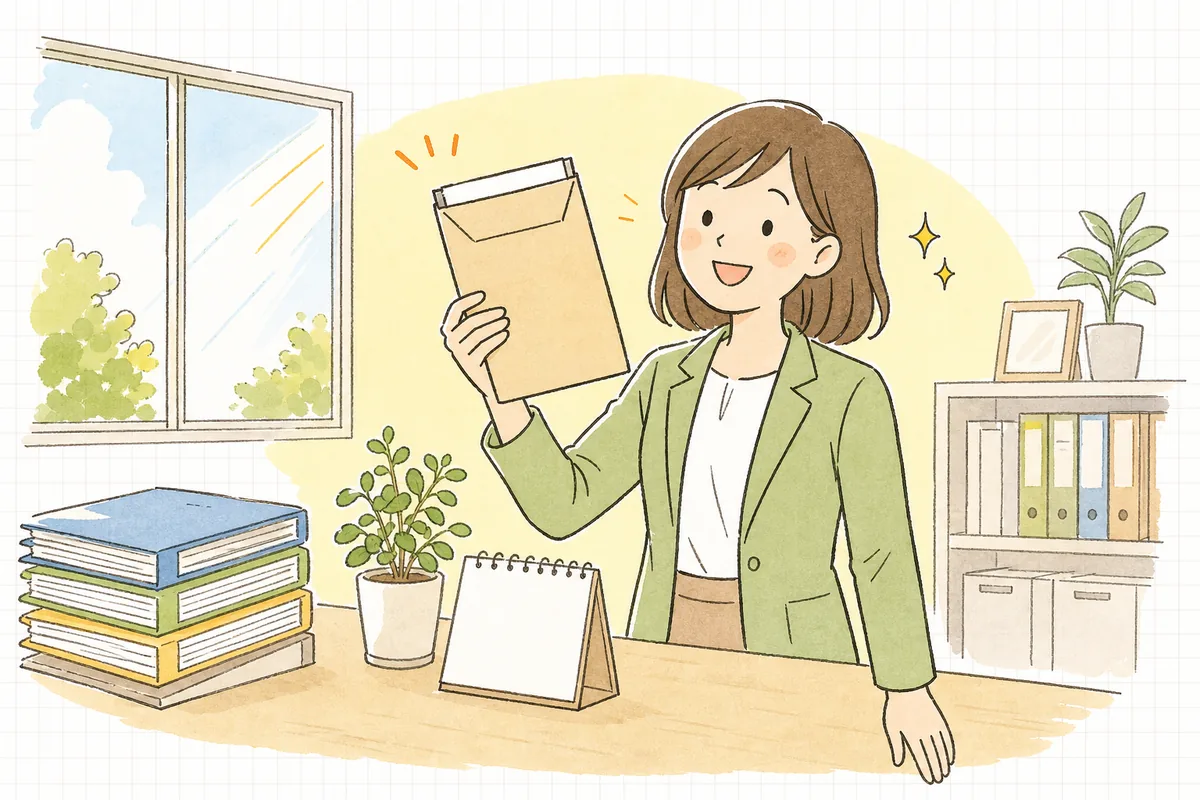 返送されてきた更新契約書を手に、ほっとした表情を見せる賃貸管理担当者