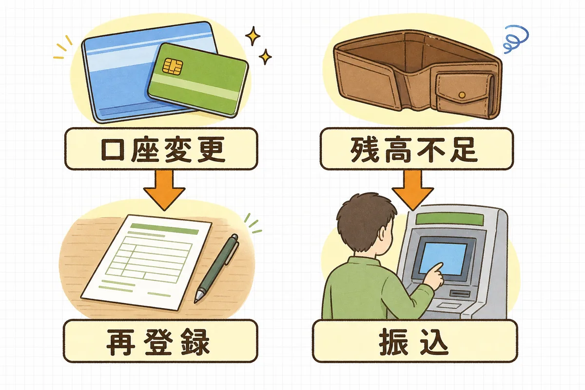 振替不能の理由「口座変更」には「再登録」を、「残高不足」には「振込」への切り替えを対応させた図