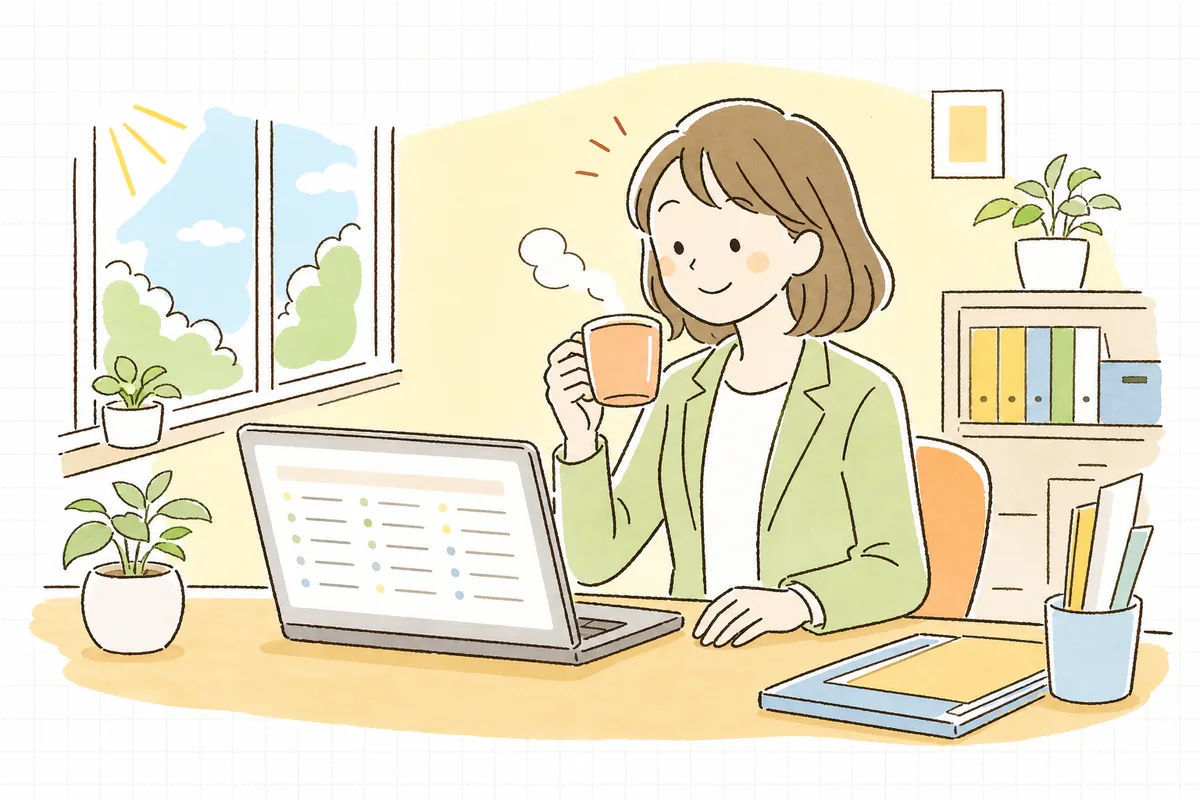 月初の朝、振替結果の一覧を見てすべて引き落としが済んでいることを確かめ、ほっと笑顔になる賃貸管理担当者