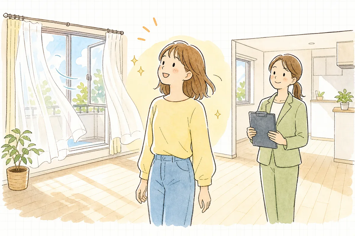 明るく整った空室で、窓から差し込む光の中、内見に来た若い入居希望者が部屋を見渡して笑顔を見せ、そばで管理担当者がほっとしたように微笑んでいる情景