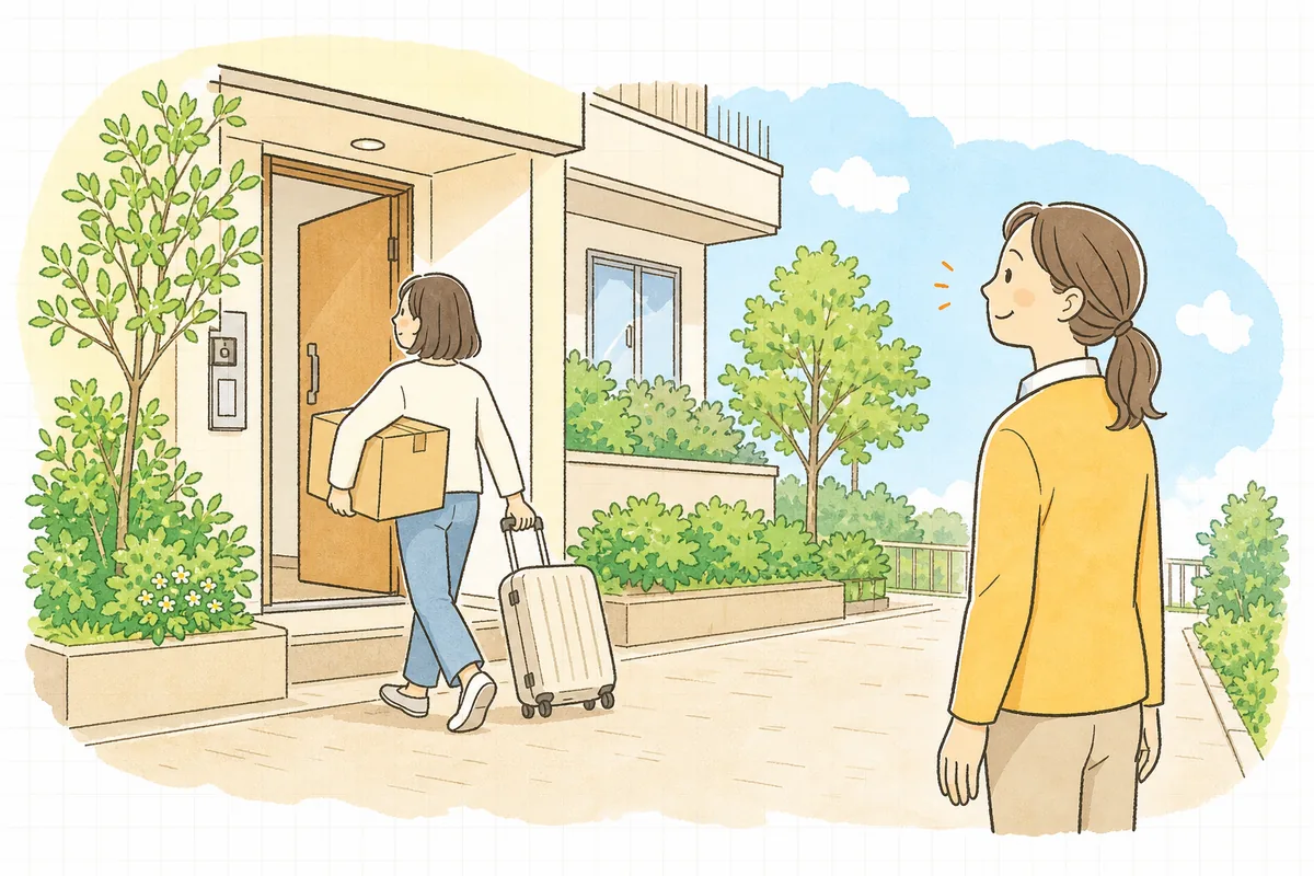 契約を終えた入居者を玄関先で見送り、穏やかな表情を浮かべている賃貸管理担当者