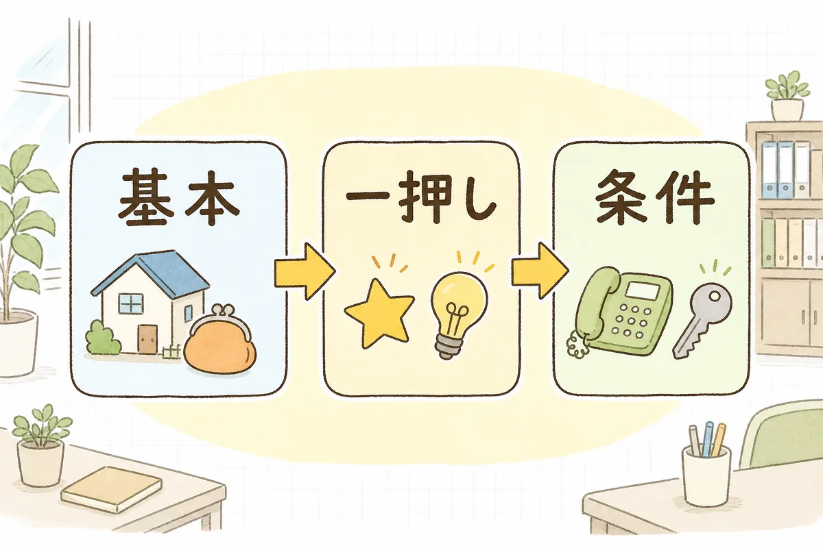 基本情報・一押し・取引条件の三つの順でマイソクを整える流れ図