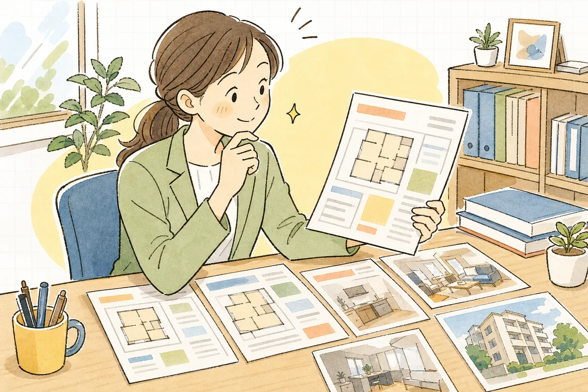 机の上で募集図面（マイソク）を見比べながら、どこを直せば伝わるか考える賃貸管理担当者