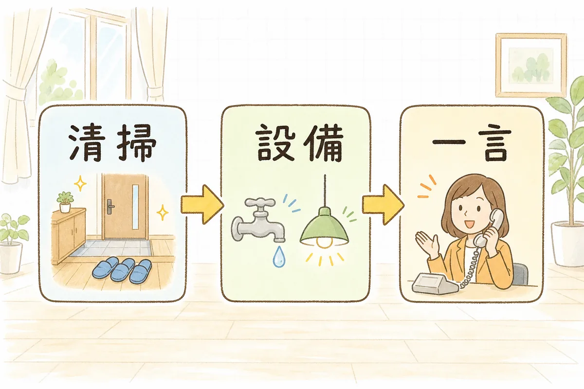 第一印象・設備・フォローの三つの順で内見改善を進める流れ図