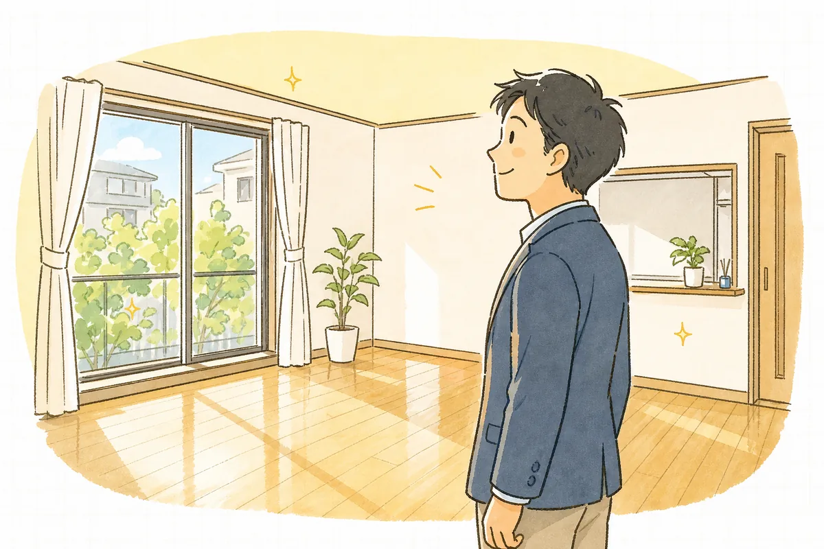 清掃と設備を整えた明るい空室を見渡し、前向きな表情で次の内見を待つ賃貸管理担当者