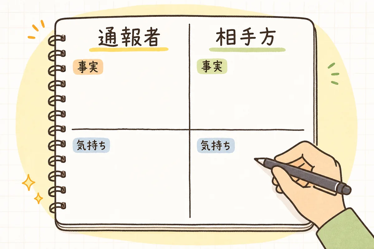 通報者と相手方の言い分を二列に分け、事実と感情を書き分けたメモの図