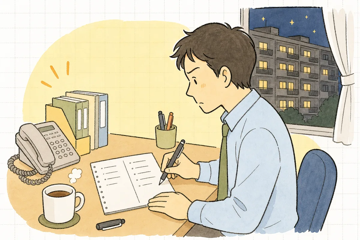 机の上のメモ用紙に、上階と下階それぞれの言い分を書き分けて整理する賃貸管理担当者
