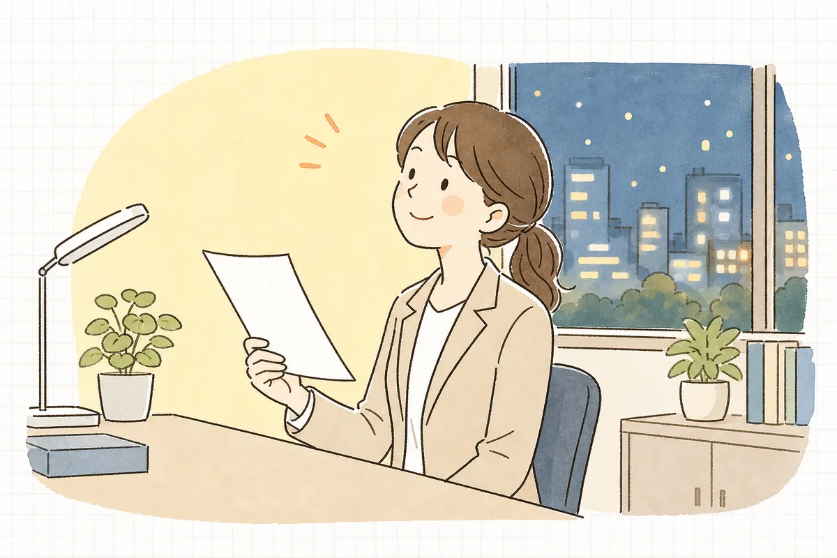 整理し終えたメモを手に、穏やかな表情で顔を上げる賃貸管理担当者