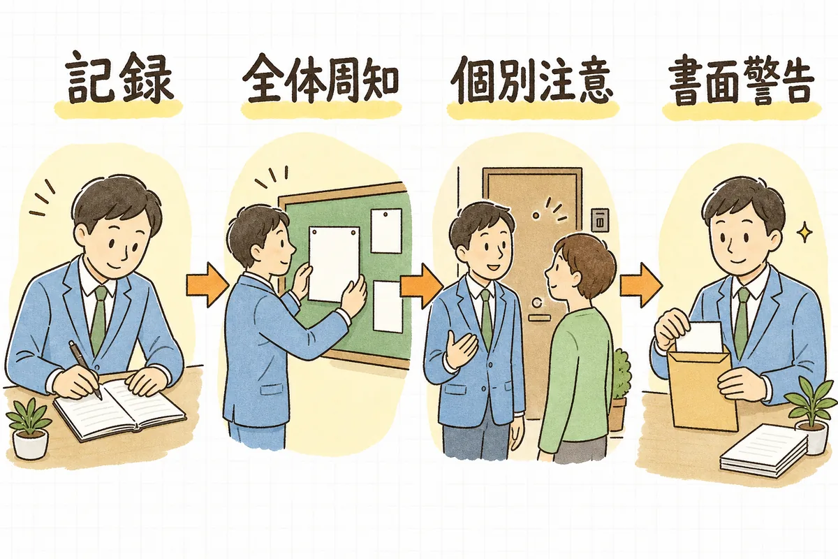 記録・全体周知・個別注意・書面警告の四段階を順に進める流れ図