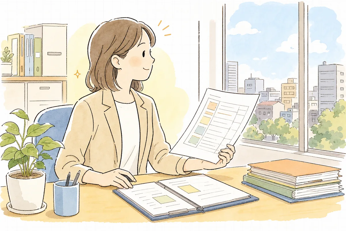 朝の光が差し込むオフィスで、対応の見通しが立ちほっとした表情の賃貸管理担当者