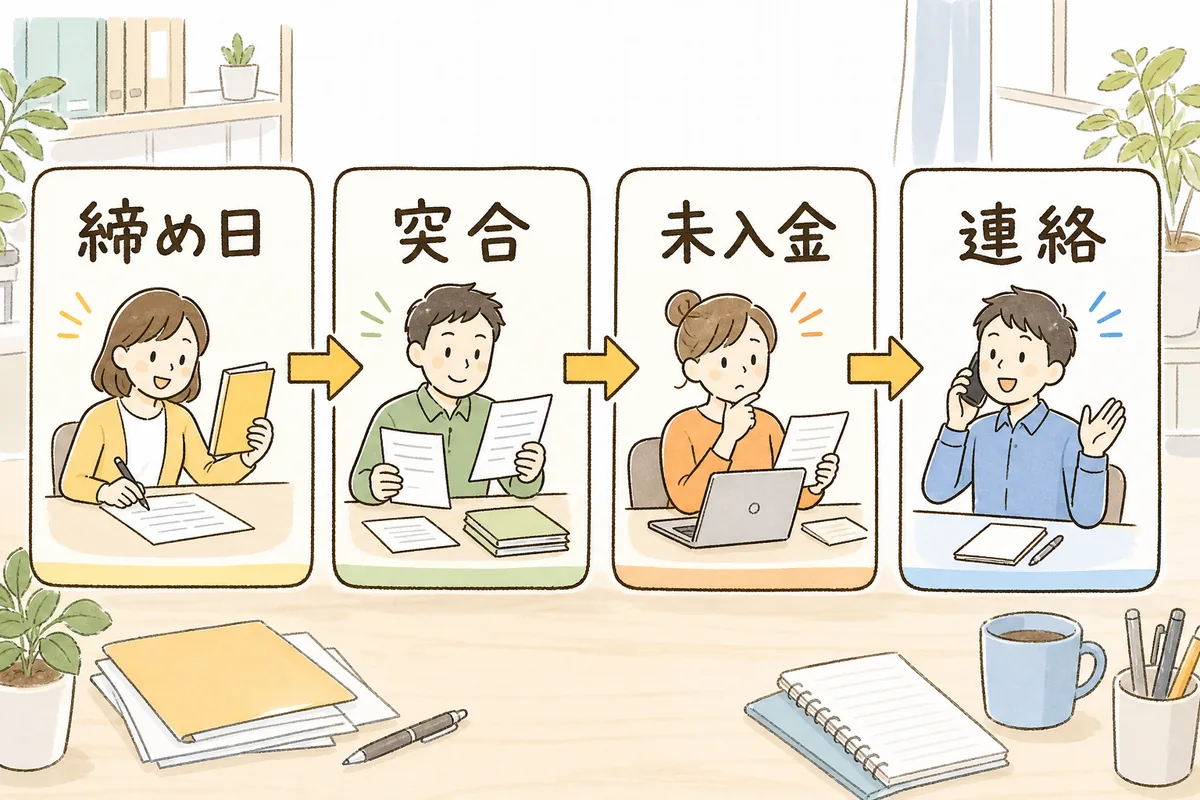 入金確認の締めの四つの手順を左から右へ並べた流れ図