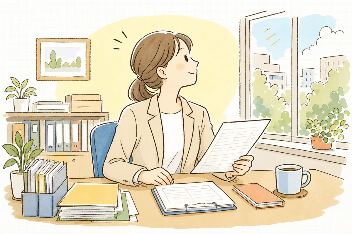 入金確認の締めを終えて、肩の力が抜けた表情で顔を上げる賃貸管理担当者