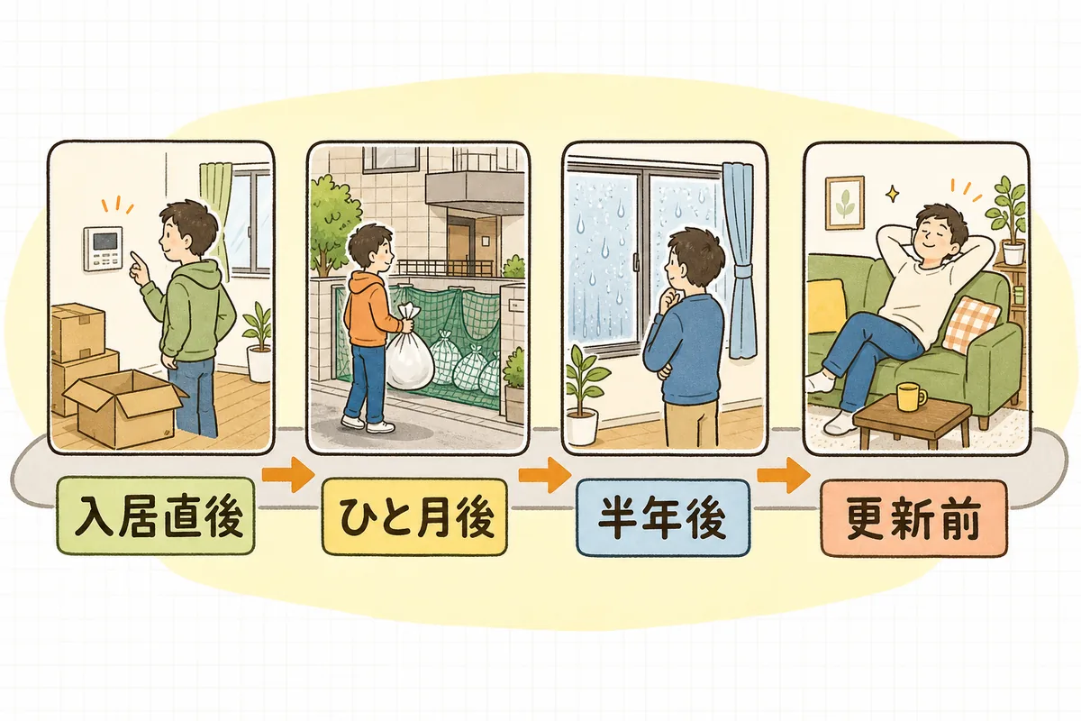 入居後の四つの場面を左から右へ並べ、声かけのタイミングを示した図