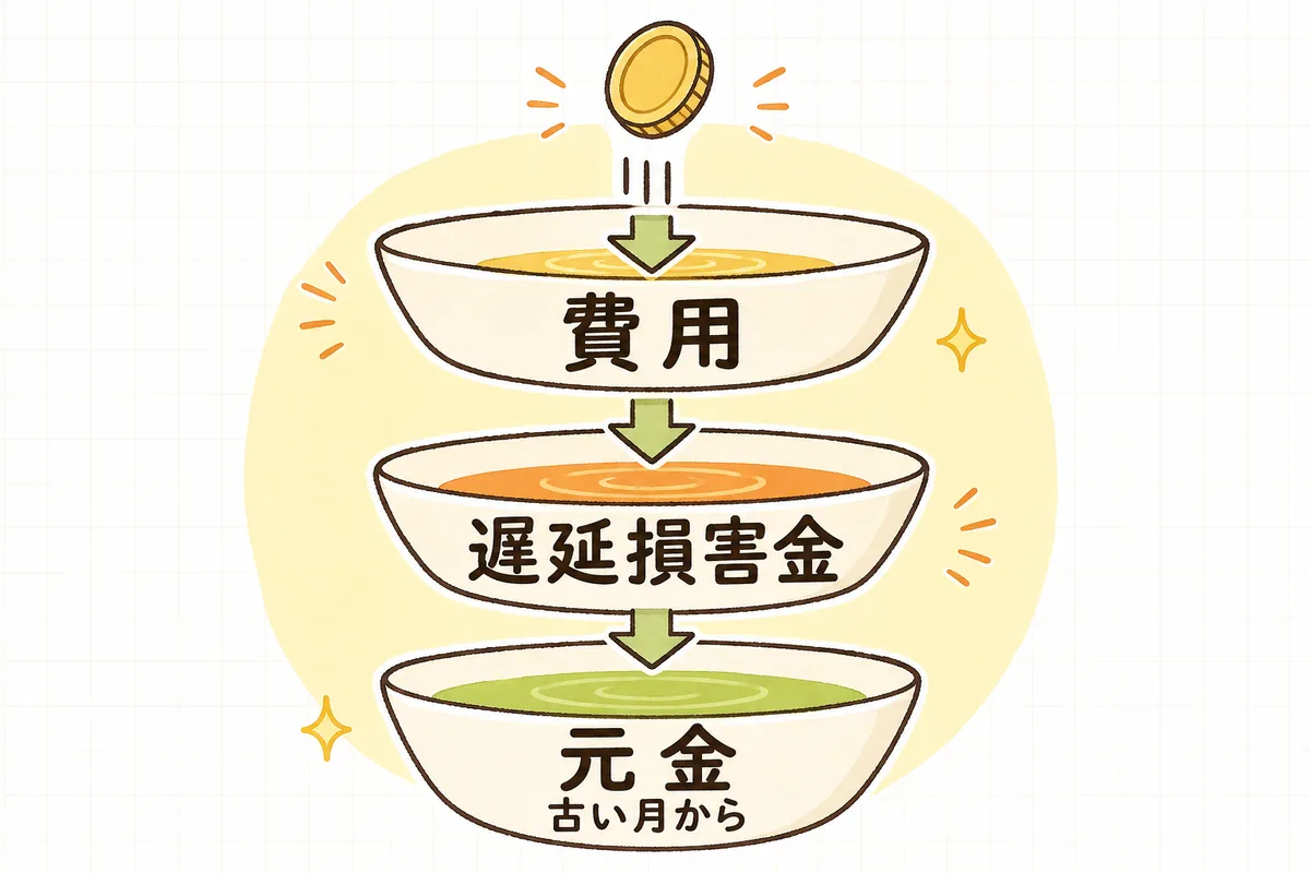 一部入金を費用・遅延損害金・元金の順に充てていく流れを示した図