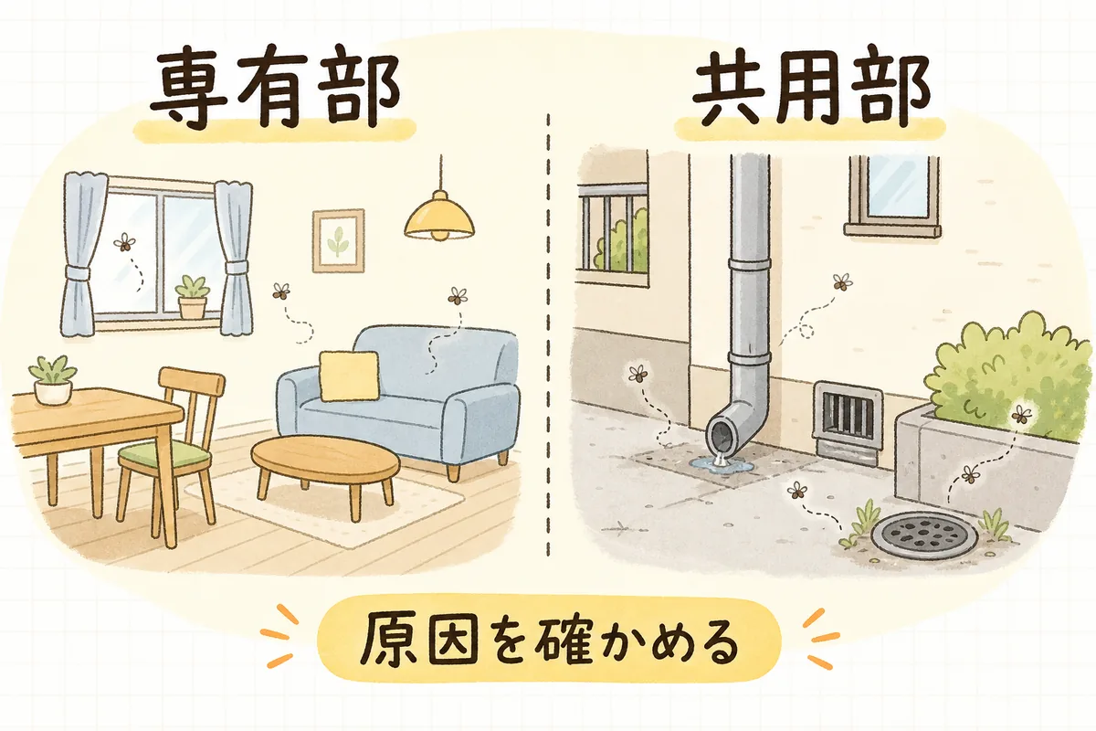害虫の発生場所を専有部と共用部に切り分けて負担の考え方を整理した図