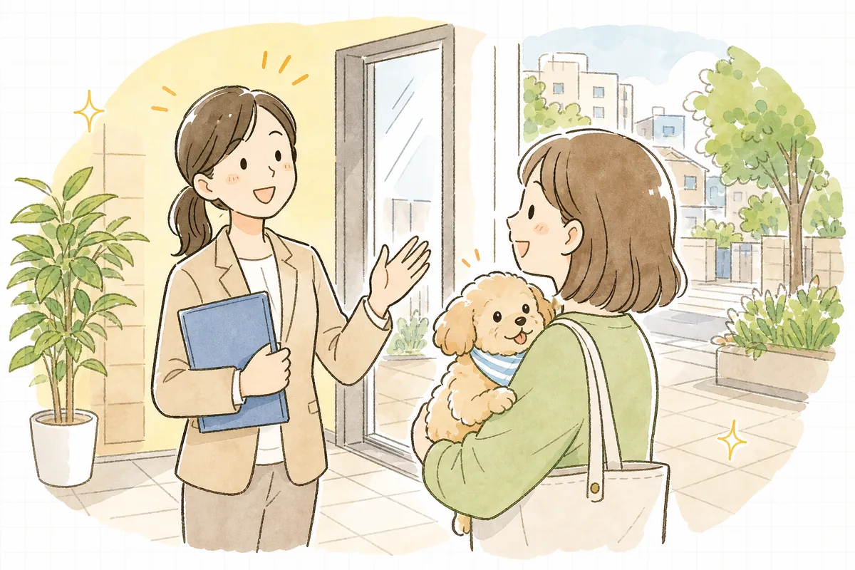 犬を抱いた入居者とおだやかに言葉を交わし見送る賃貸管理担当者