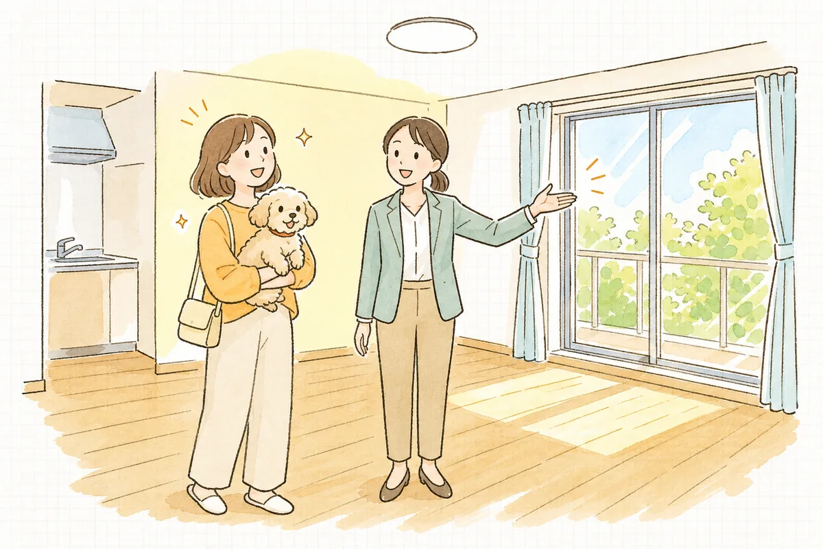 ペット可になった部屋の内見で、飼い主と犬を迎えて明るい室内を案内している賃貸管理担当者