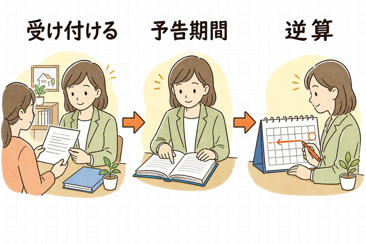 「解約受付」「予告期間の確認」「退去日から逆算」の三段階で更新から退去へ切り替える流れ図