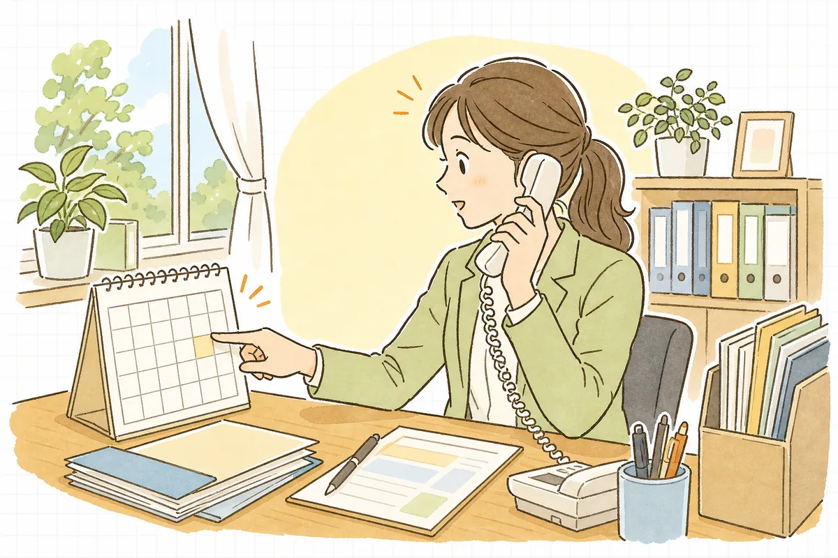 更新案内への「退去します」という返信を受け、卓上カレンダーを見ながら段取りを考える賃貸管理担当者