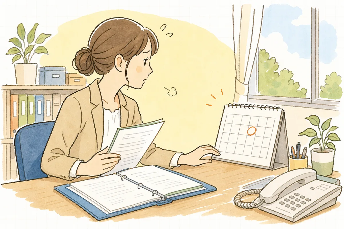 返送されない更新書類の控えを手に、卓上カレンダーの満了日を見て少し気をもむ賃貸管理担当者