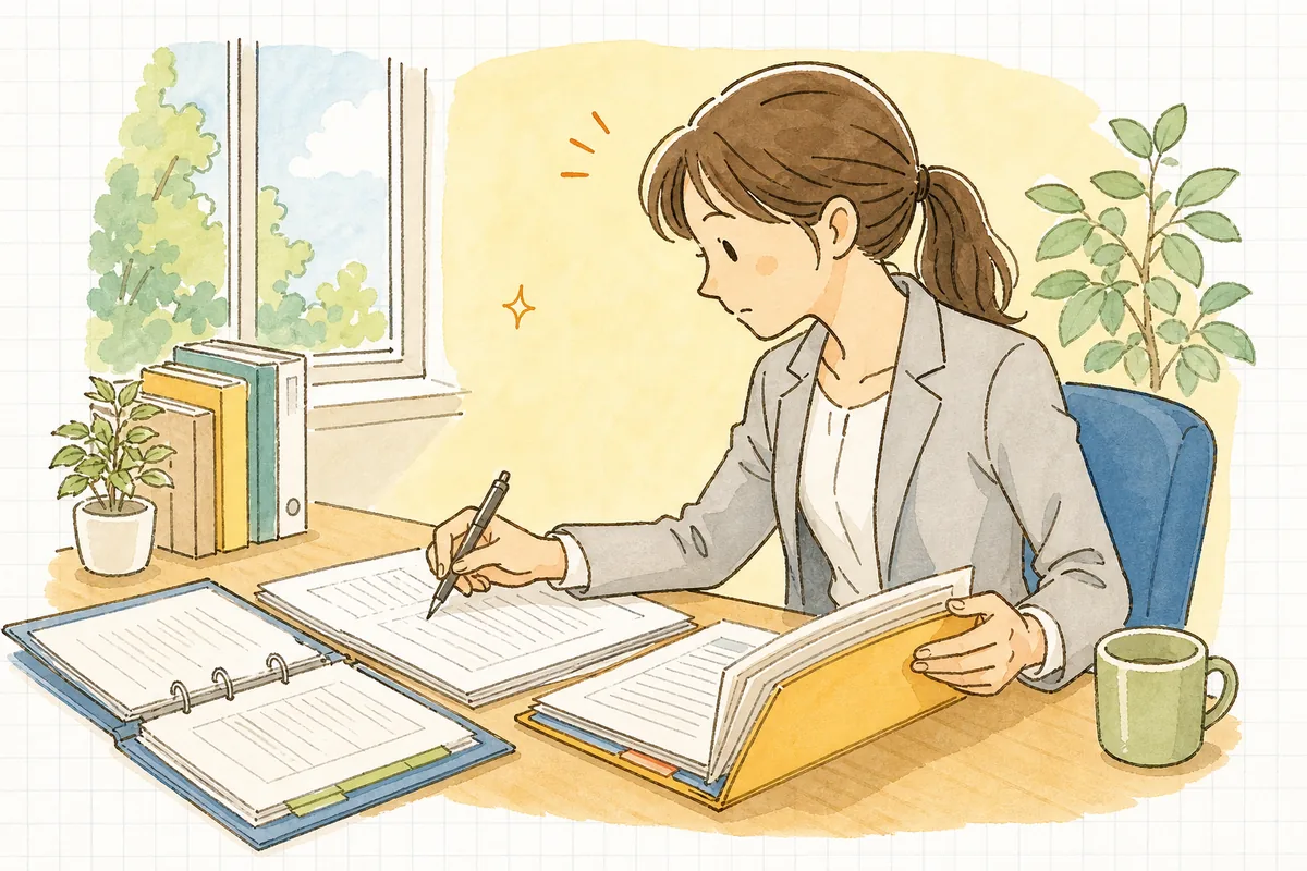 更新書類を前に、契約書と入居時の情報を照らし合わせて現状を確かめる賃貸管理担当者