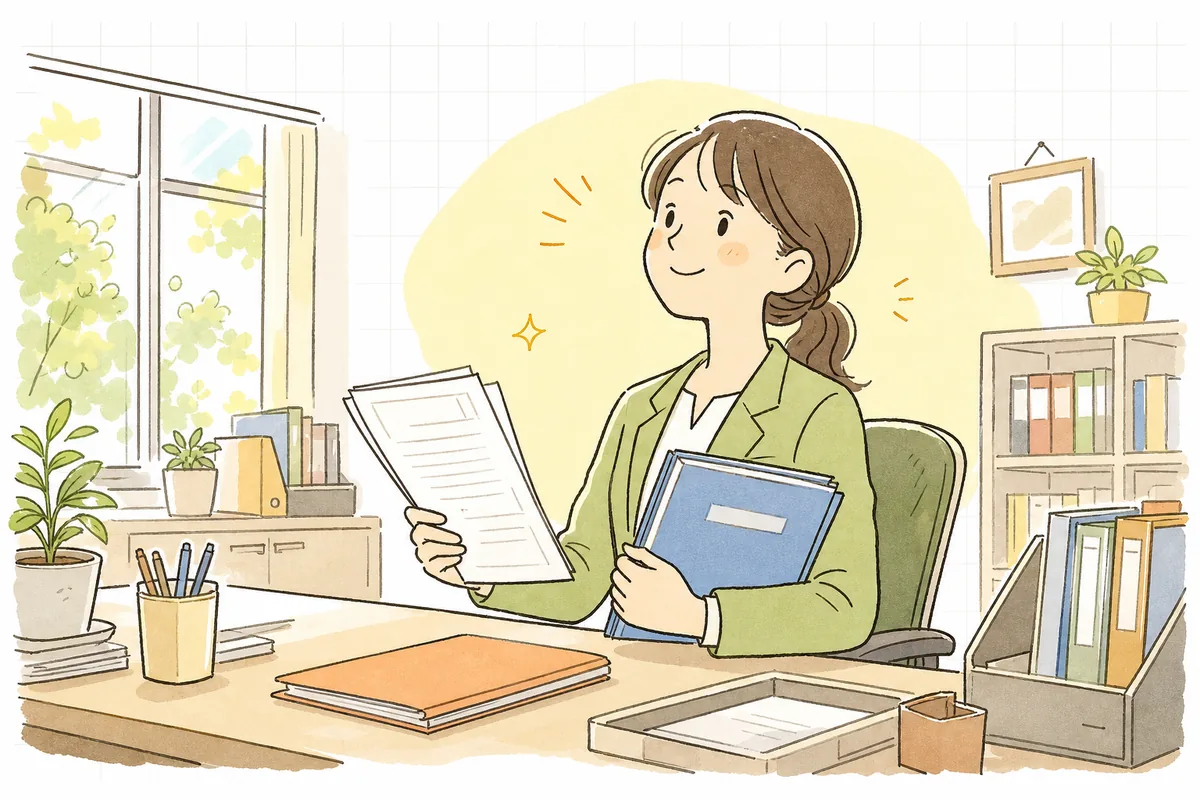 現状を確認し終えた更新書類を手に、落ち着いた表情で顔を上げる賃貸管理担当者