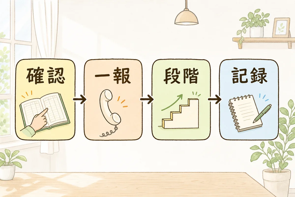 確認から段階を上げるまでの滞納対応の流れを四段のステップで示した図