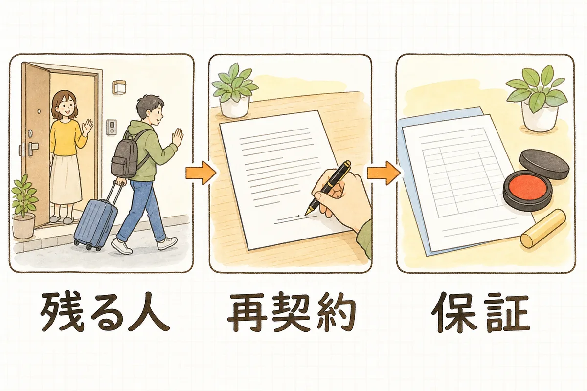 契約者変更を残る人の確認・再契約・保証の組み直しの3ステップで整理した図