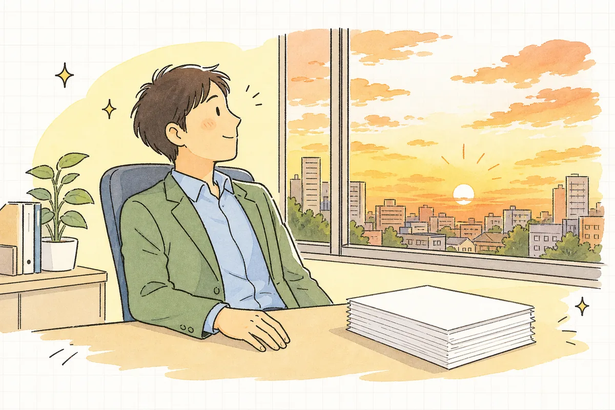 契約者変更の書類一式を整え終え、穏やかな表情で息をつく賃貸管理担当者