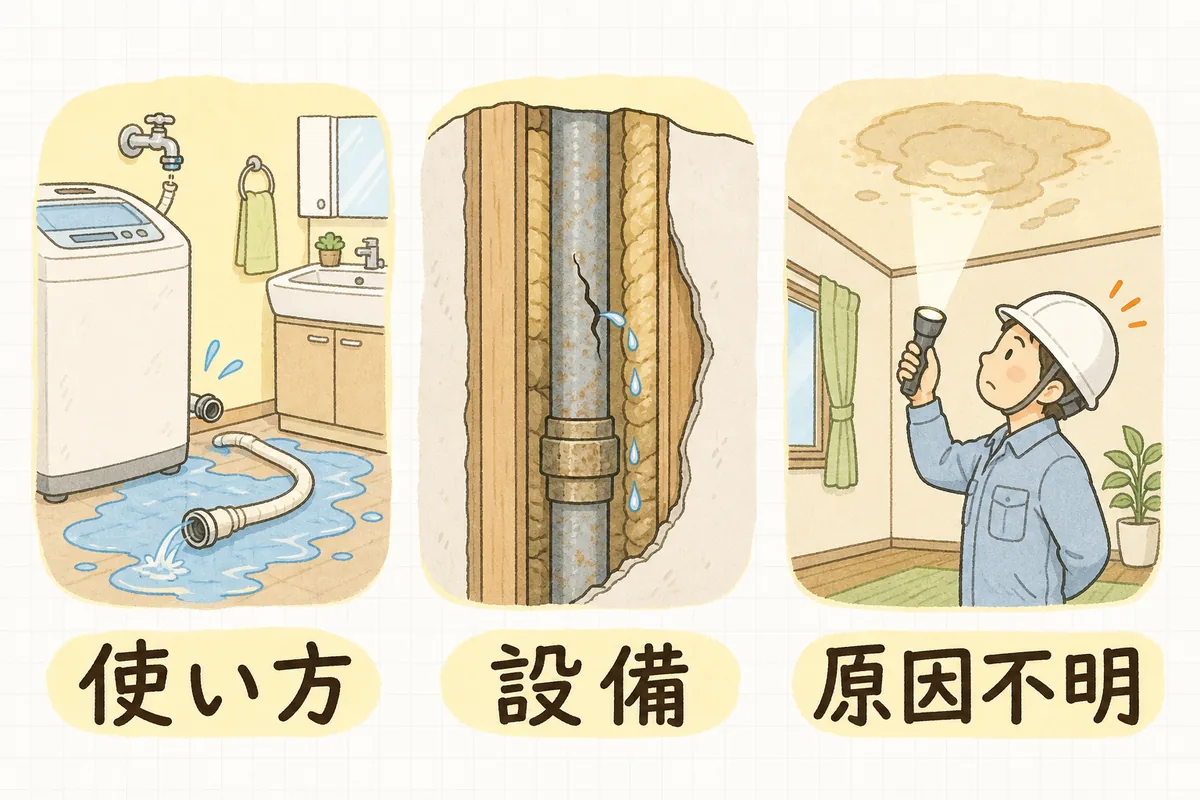 漏水の原因を「使い方」「設備」「原因不明」の3つに切り分けて並べた図