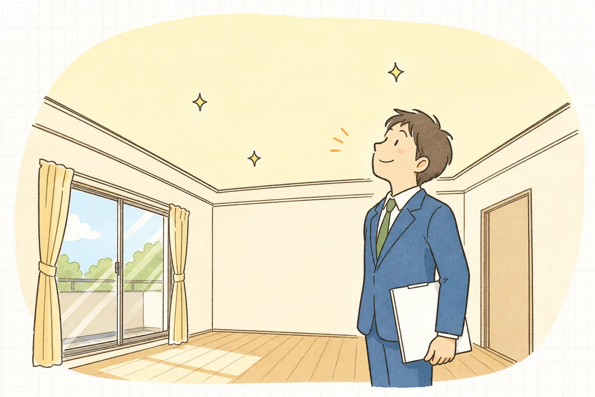 修理を終えてきれいになった天井を見上げ、書類を手に穏やかな表情でひと息ついている賃貸管理担当者