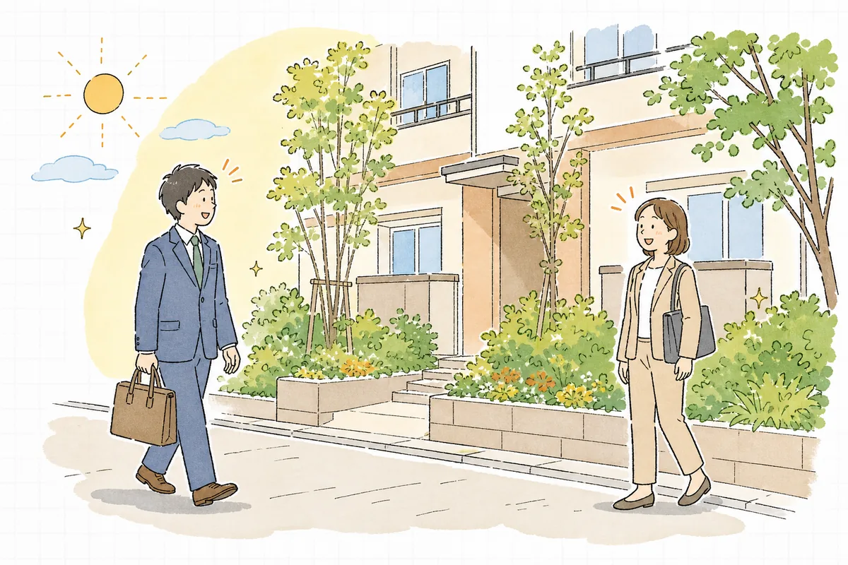 数か月後、暮らしを立て直した入居者がアパートの前で管理担当者に軽く会釈し、担当者がほっとした笑顔で応えている情景