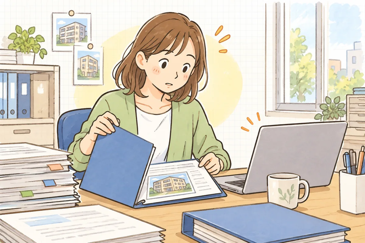 精算済みのファイルを開き直し、入居者からのメールを前に少し考え込む賃貸管理担当者