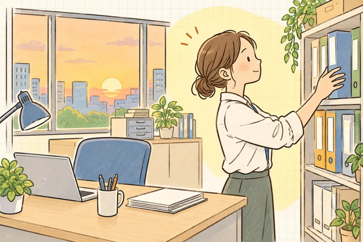 回答のメールを送り終え、整理したファイルを棚に戻してほっと一息つく賃貸管理担当者